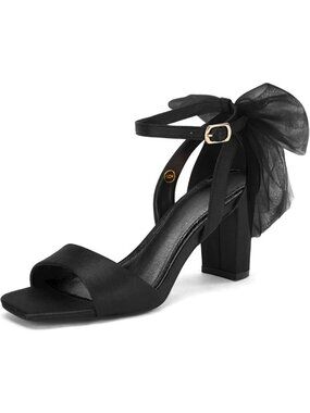 Black Bow Tie Heeled Sandals - Chunky Heels, Satin Ankle Strap, Wedding Ready